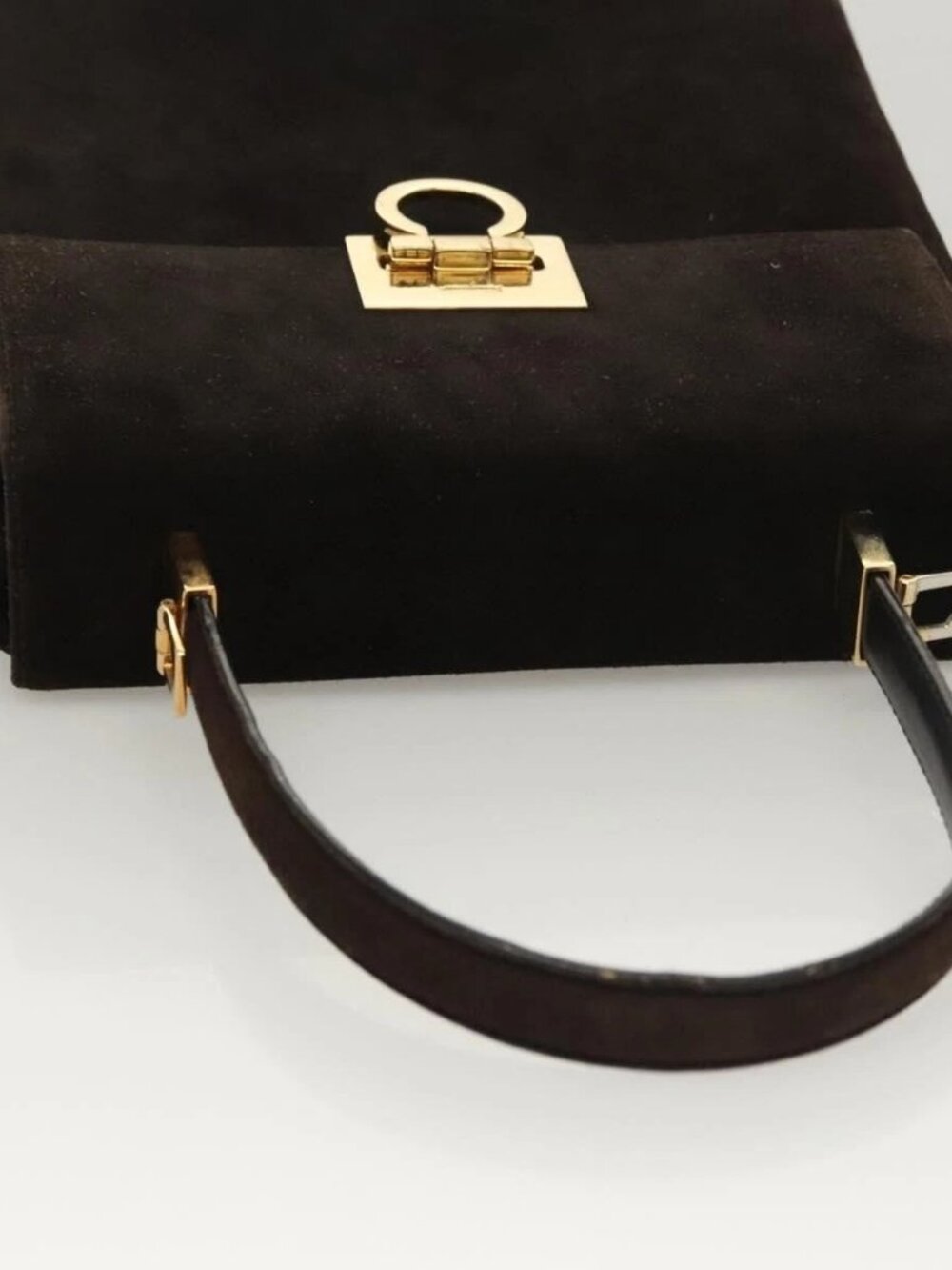 Salvatore Ferragamo Gancini Hand Bag Suede 2way Black Gold Auth BA2414 - Picture 7 of 16
